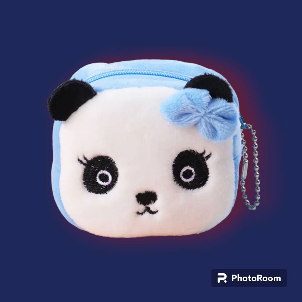 BLUE Fur PANDA Bear Coin Purse STITCHED Eyes Nose 3D Black ears Bow